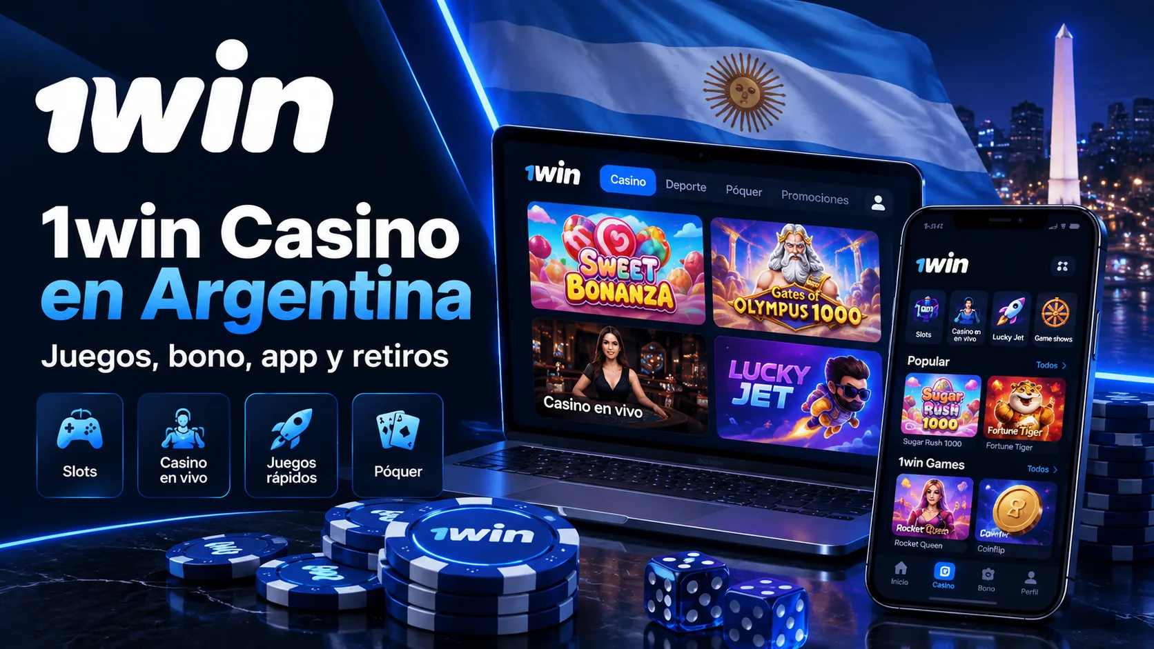 1win Casino en Argentina en laptop y celular, con slots y casino en vivo